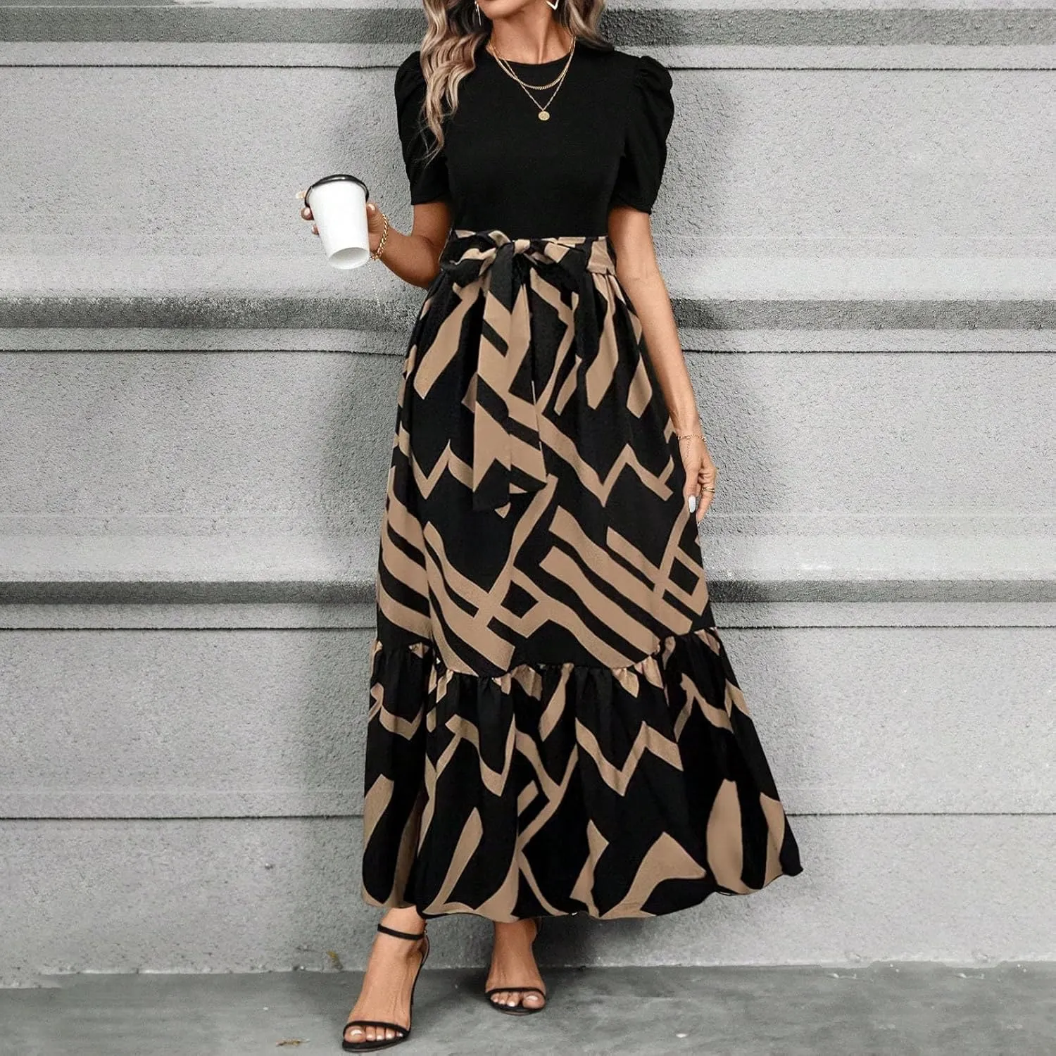Summer Maxi Dresses for Women 2025 Casual Short Sleeve Floral Dress with Belt Elegant Wedding Guest Long Flowy Sun Dresses