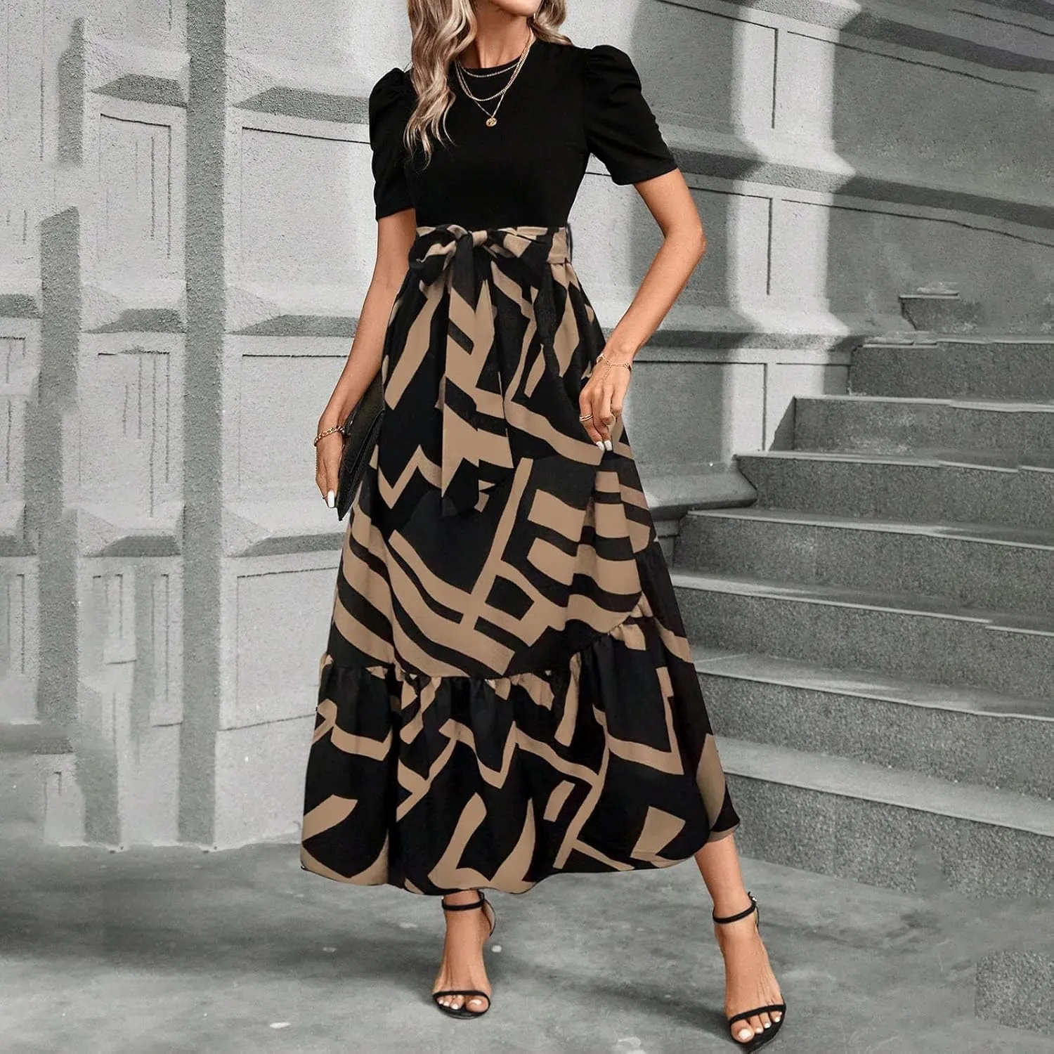 Summer Maxi Dresses for Women 2025 Casual Short Sleeve Floral Dress with Belt Elegant Wedding Guest Long Flowy Sun Dresses
