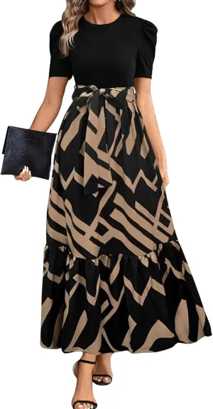 Summer Maxi Dresses for Women 2025 Casual Short Sleeve Floral Dress with Belt Elegant Wedding Guest Long Flowy Sun Dresses