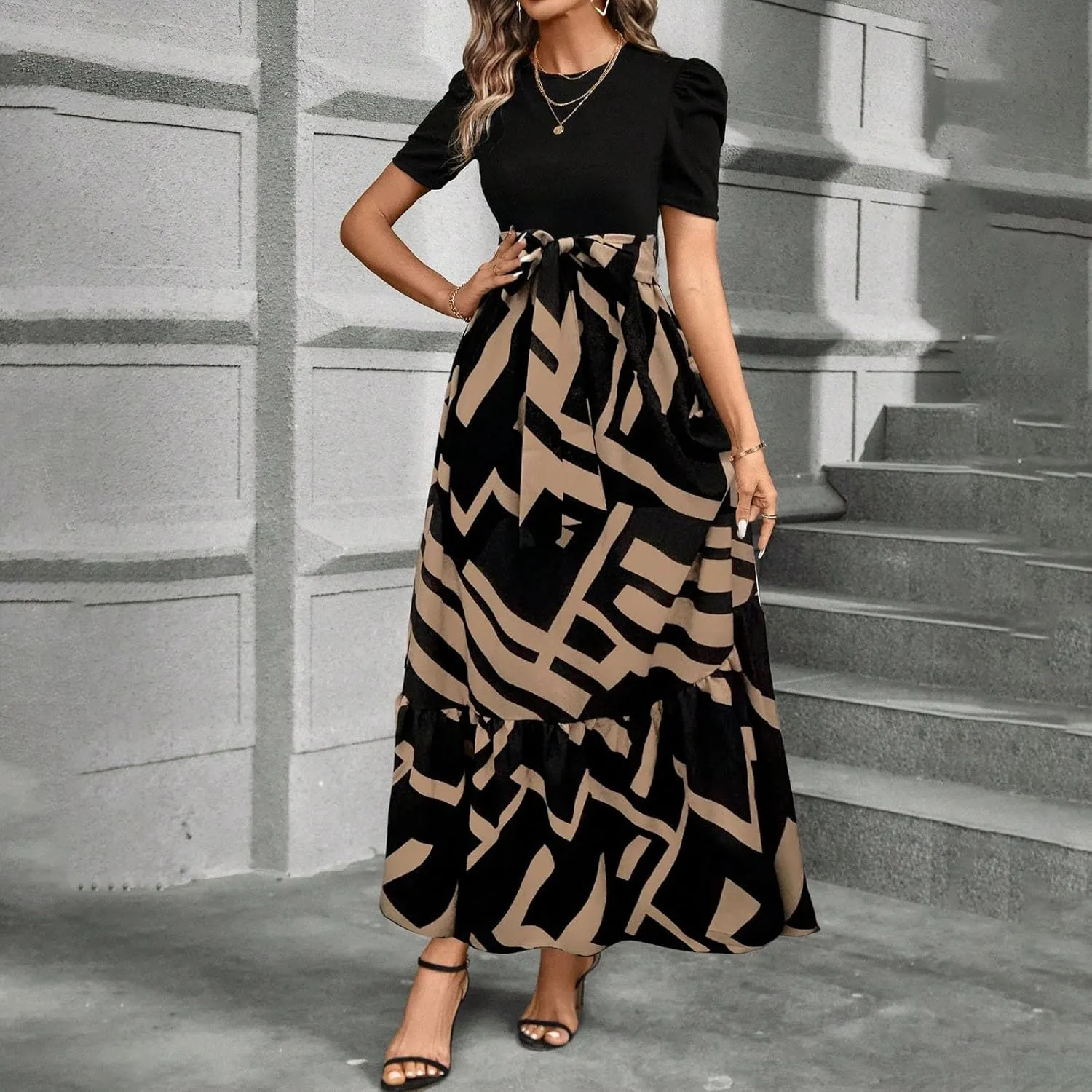 Summer Maxi Dresses for Women 2025 Casual Short Sleeve Floral Dress with Belt Elegant Wedding Guest Long Flowy Sun Dresses