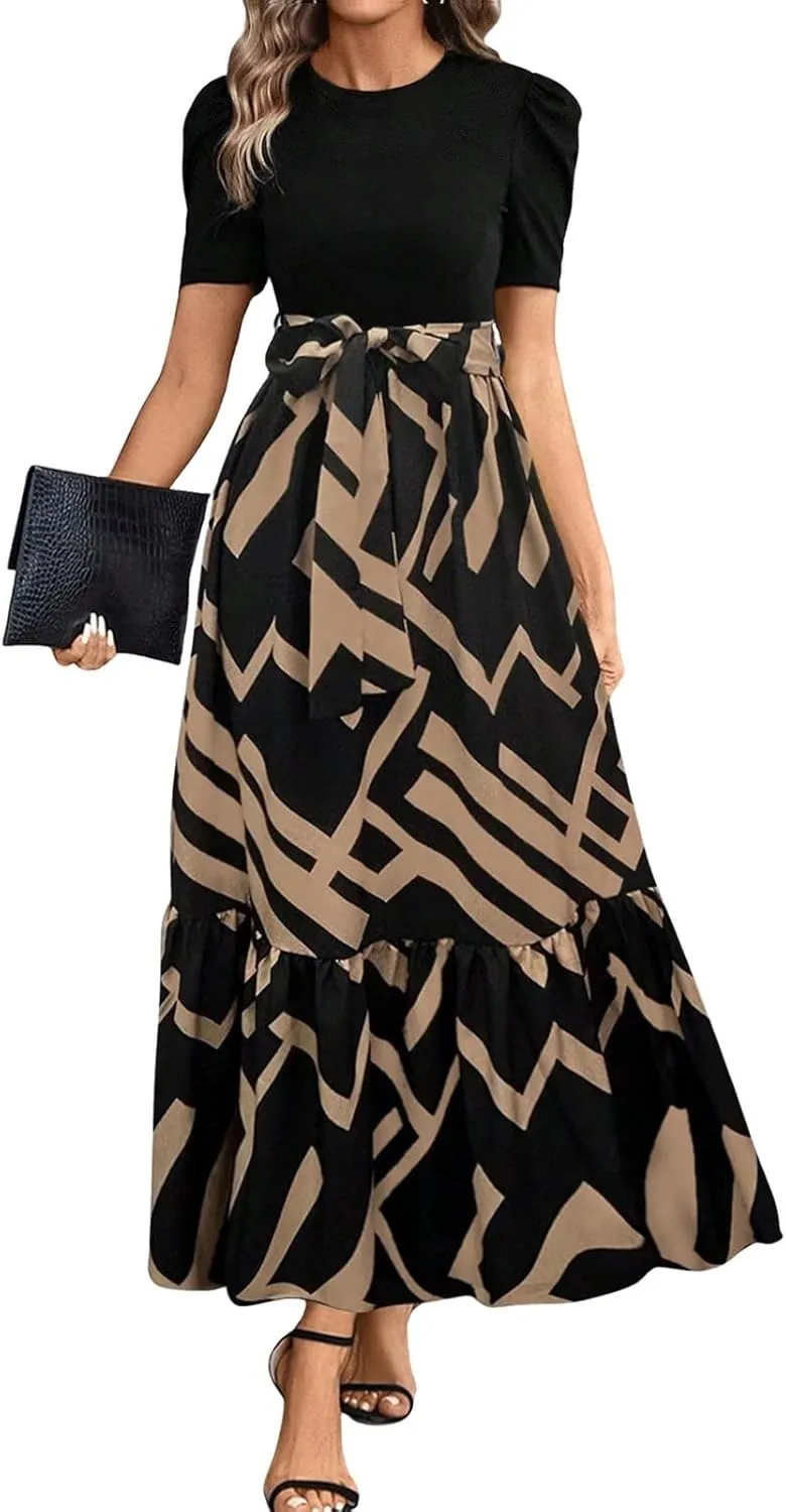 Summer Maxi Dresses for Women 2025 Casual Short Sleeve Floral Dress with Belt Elegant Wedding Guest Long Flowy Sun Dresses