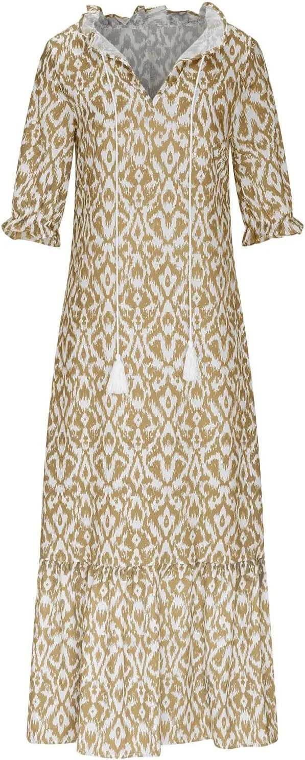 Summer Maxi Dresses for Women 2025 Vacation 3/4 Sleeve Boho Floral Long Dresses V Neck Casual Comfy Loose Dress