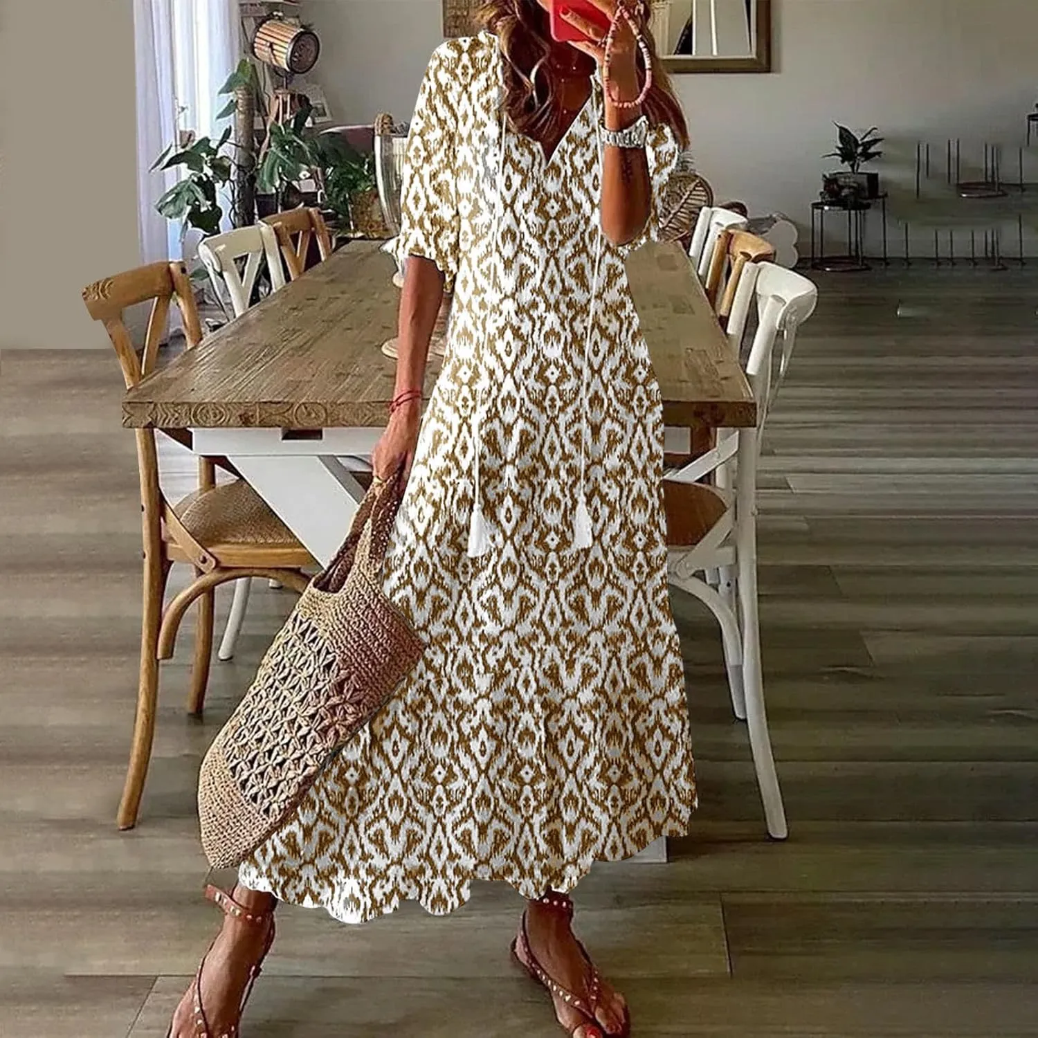 Summer Maxi Dresses for Women 2025 Vacation 3/4 Sleeve Boho Floral Long Dresses V Neck Casual Comfy Loose Dress