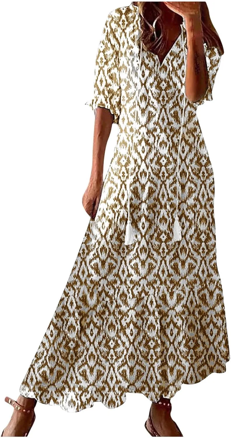 Summer Maxi Dresses for Women 2025 Vacation 3/4 Sleeve Boho Floral Long Dresses V Neck Casual Comfy Loose Dress