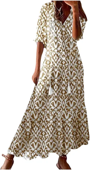 Summer Maxi Dresses for Women 2025 Vacation 3/4 Sleeve Boho Floral Long Dresses V Neck Casual Comfy Loose Dress