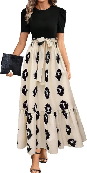 Summer Maxi Dresses for Women 2025 Wedding Guest Puff Sleeve Tie Waist Belted Patchwork A Line Swing Dress