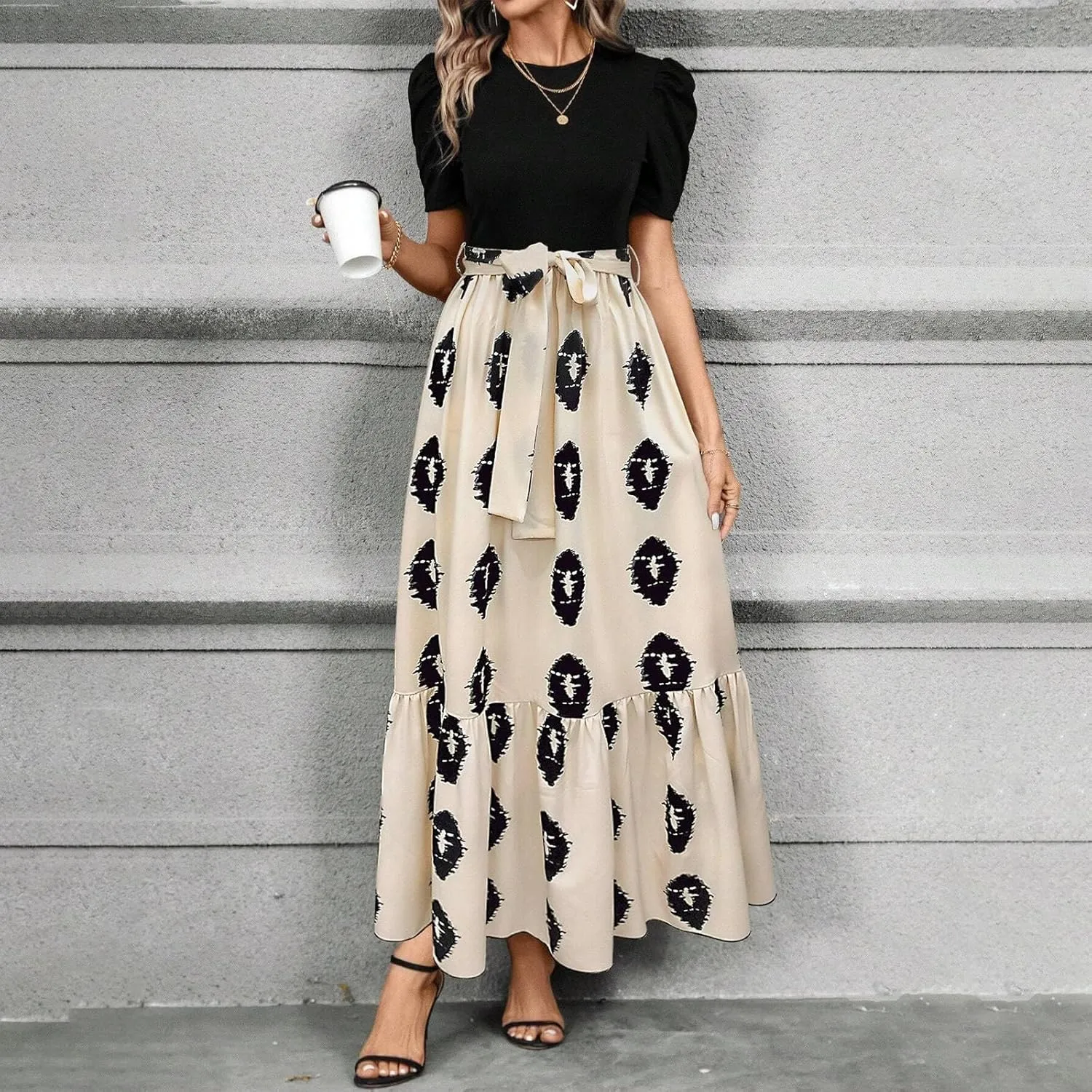 Summer Maxi Dresses for Women 2025 Wedding Guest Puff Sleeve Tie Waist Belted Patchwork A Line Swing Dress
