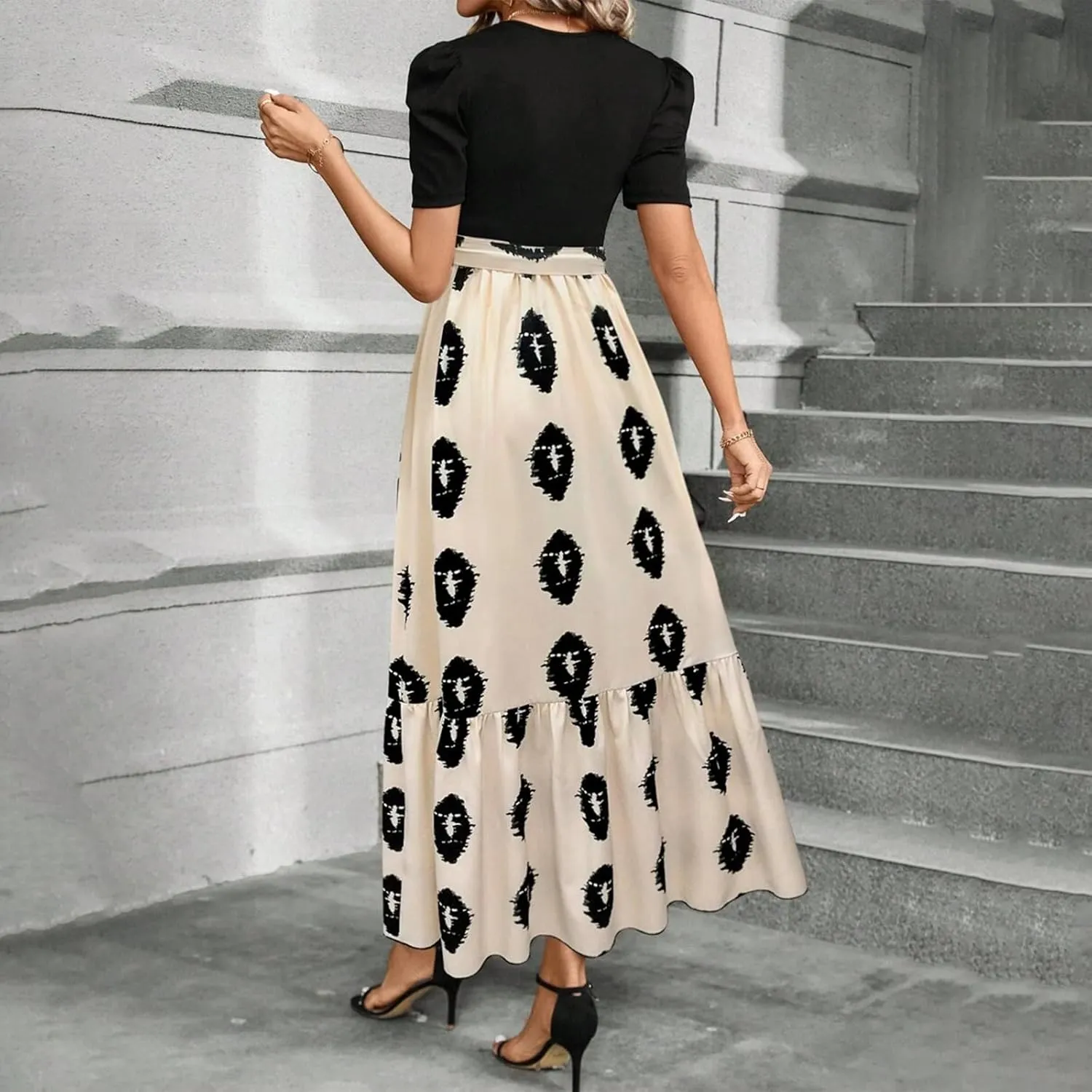 Summer Maxi Dresses for Women 2025 Wedding Guest Puff Sleeve Tie Waist Belted Patchwork A Line Swing Dress
