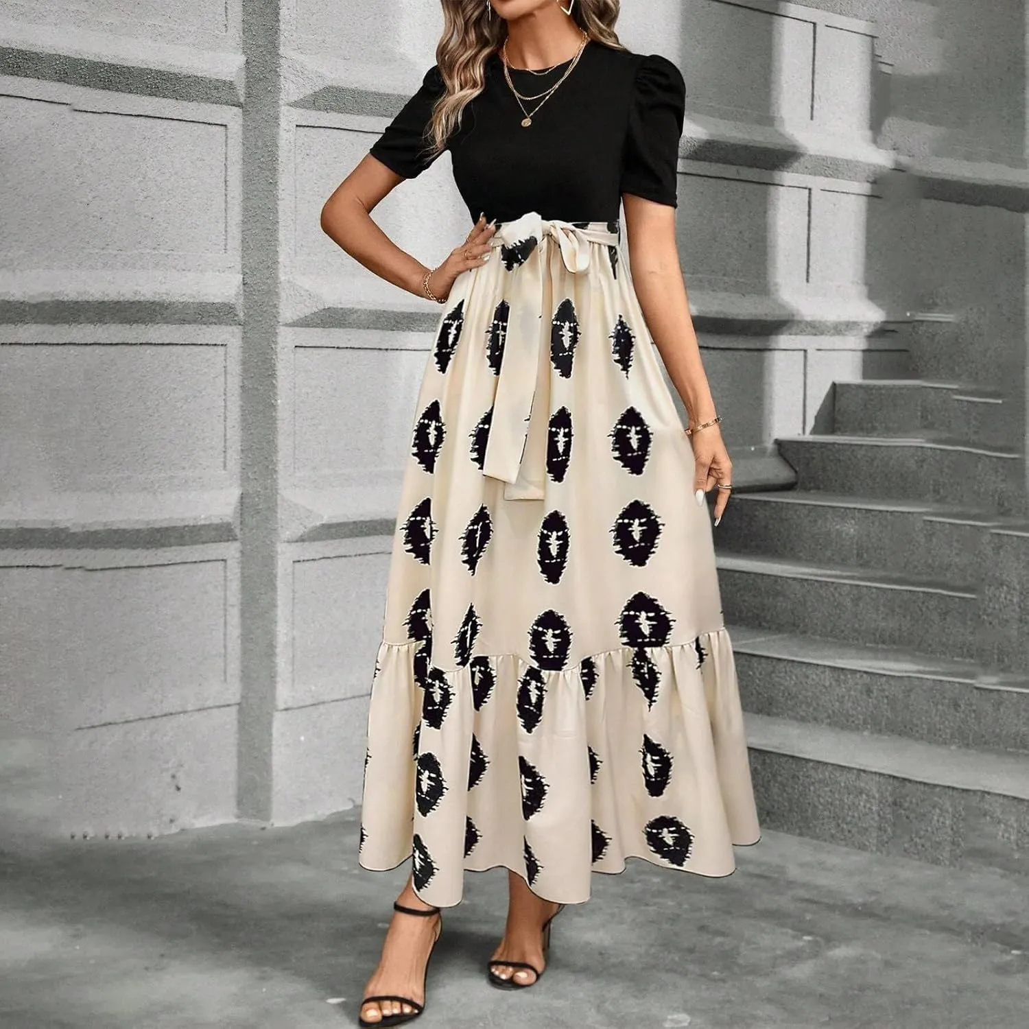 Summer Maxi Dresses for Women 2025 Wedding Guest Puff Sleeve Tie Waist Belted Patchwork A Line Swing Dress