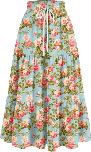 Summer Maxi Skirts for Women Boho Drawstring Elastic High Waist Long Skirts A Line Floral Pleated Tiered Loose Skirt