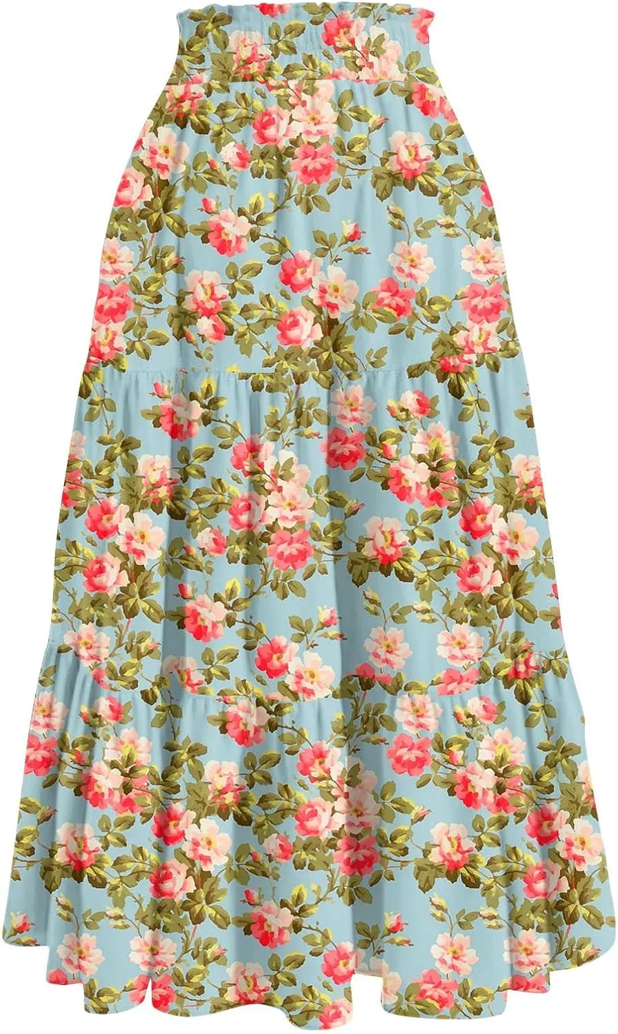Summer Maxi Skirts for Women Boho Drawstring Elastic High Waist Long Skirts A Line Floral Pleated Tiered Loose Skirt