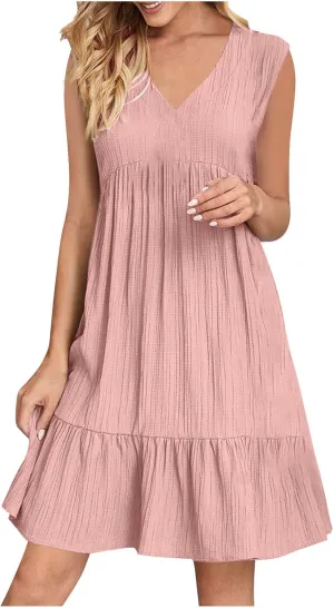 Summer Mini Dress for Women 2025 Pleated Ruffle Dresses Sleeveless V Neck Patchwork Sundress Beach Vacation Outfits