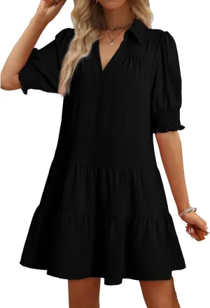 Summer Mini Dress for Women Lapel Collared V Neck Flutter Sleeve Maxi Dress Casual Beach Sundress Vacation