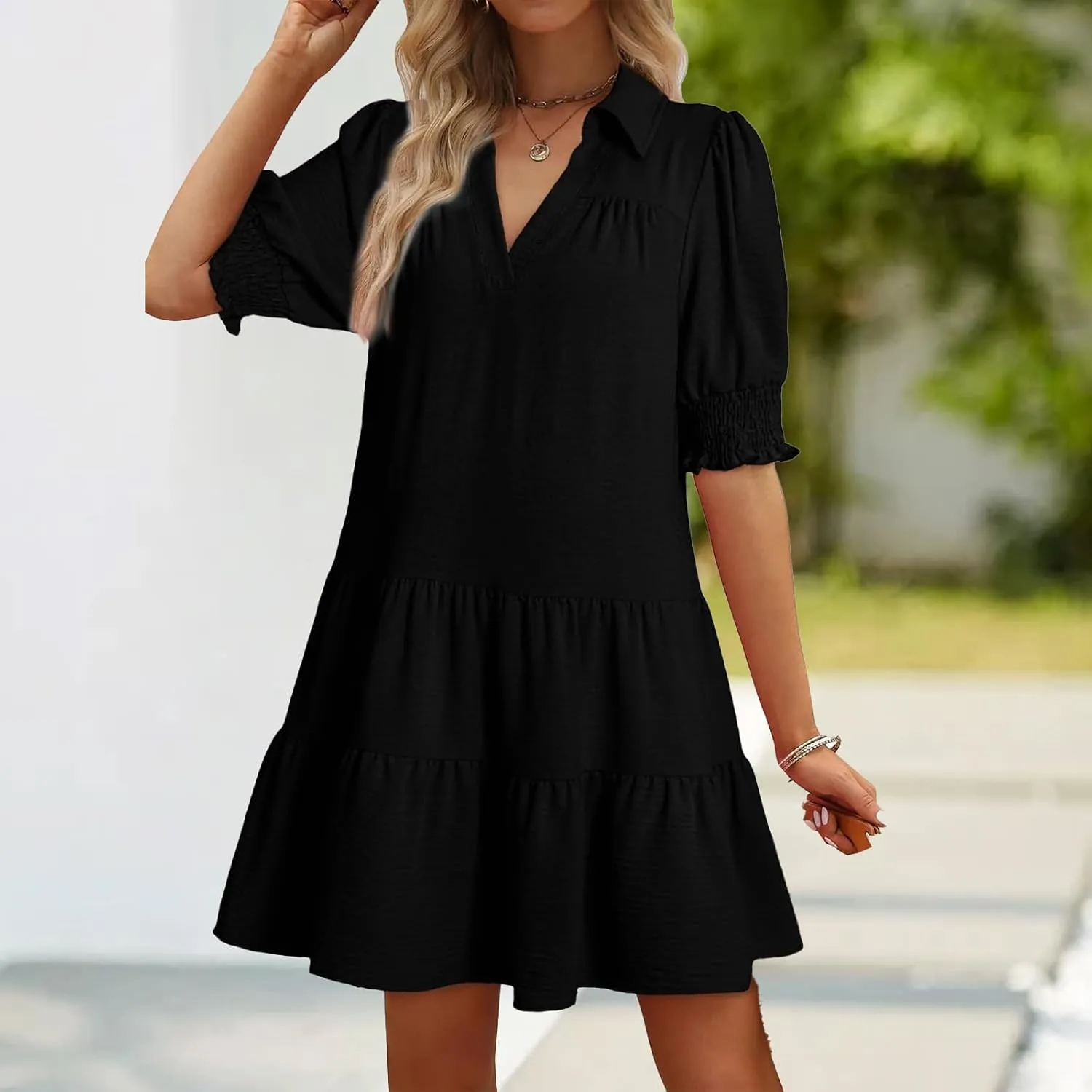 Summer Mini Dress for Women Lapel Collared V Neck Flutter Sleeve Maxi Dress Casual Beach Sundress Vacation