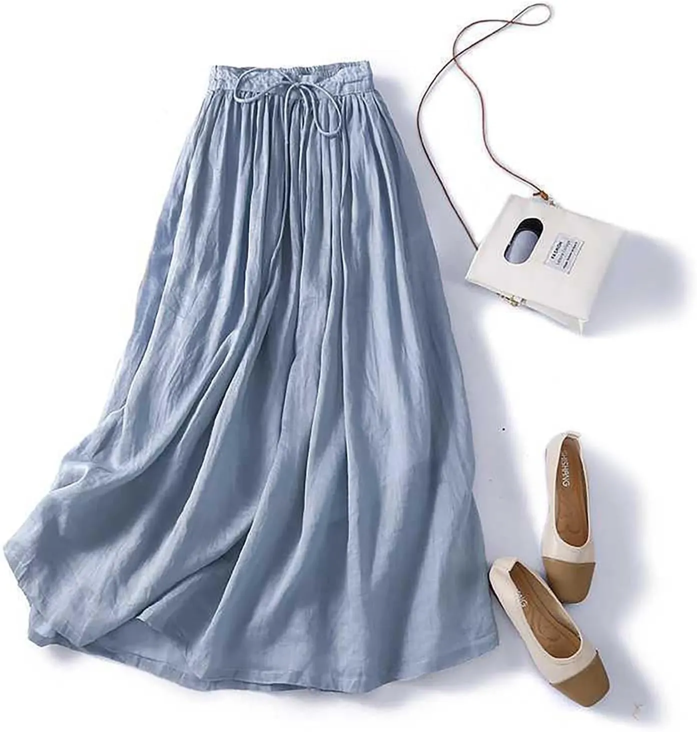 Summer Skirts for Women 2024 Drawstring Elastic Waist Solid Maxi Skirt Dress Causal Ruffle Cotton Linen a-Line Skirt