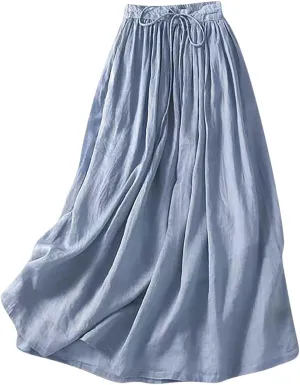Summer Skirts for Women 2024 Drawstring Elastic Waist Solid Maxi Skirt Dress Causal Ruffle Cotton Linen a-Line Skirt