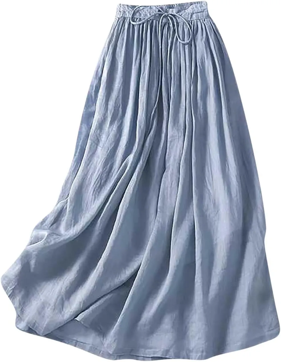 Summer Skirts for Women 2024 Drawstring Elastic Waist Solid Maxi Skirt Dress Causal Ruffle Cotton Linen a-Line Skirt