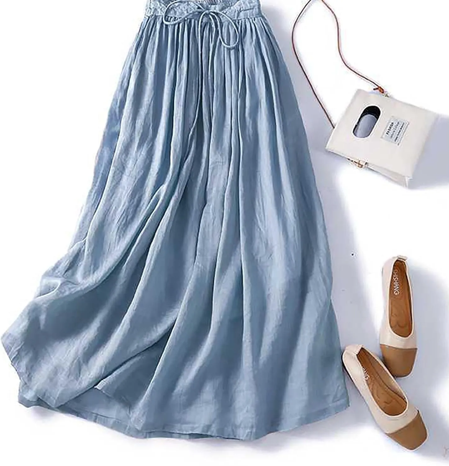 Summer Skirts for Women 2024 Drawstring Elastic Waist Solid Maxi Skirt Dress Causal Ruffle Cotton Linen a-Line Skirt