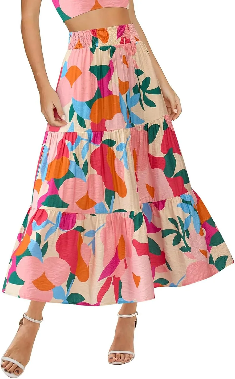 Summer Skirts for Women 2025 Loose Casual Trendy Elastic Waist Floral Print Boho Maxi Beach Skirt, S-2XL