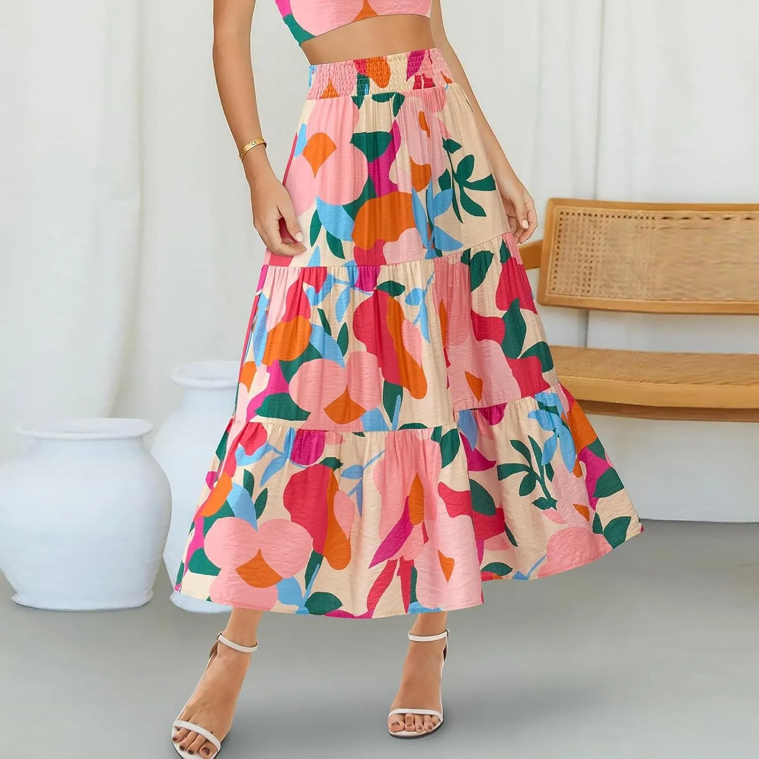 Summer Skirts for Women 2025 Loose Casual Trendy Elastic Waist Floral Print Boho Maxi Beach Skirt, S-2XL