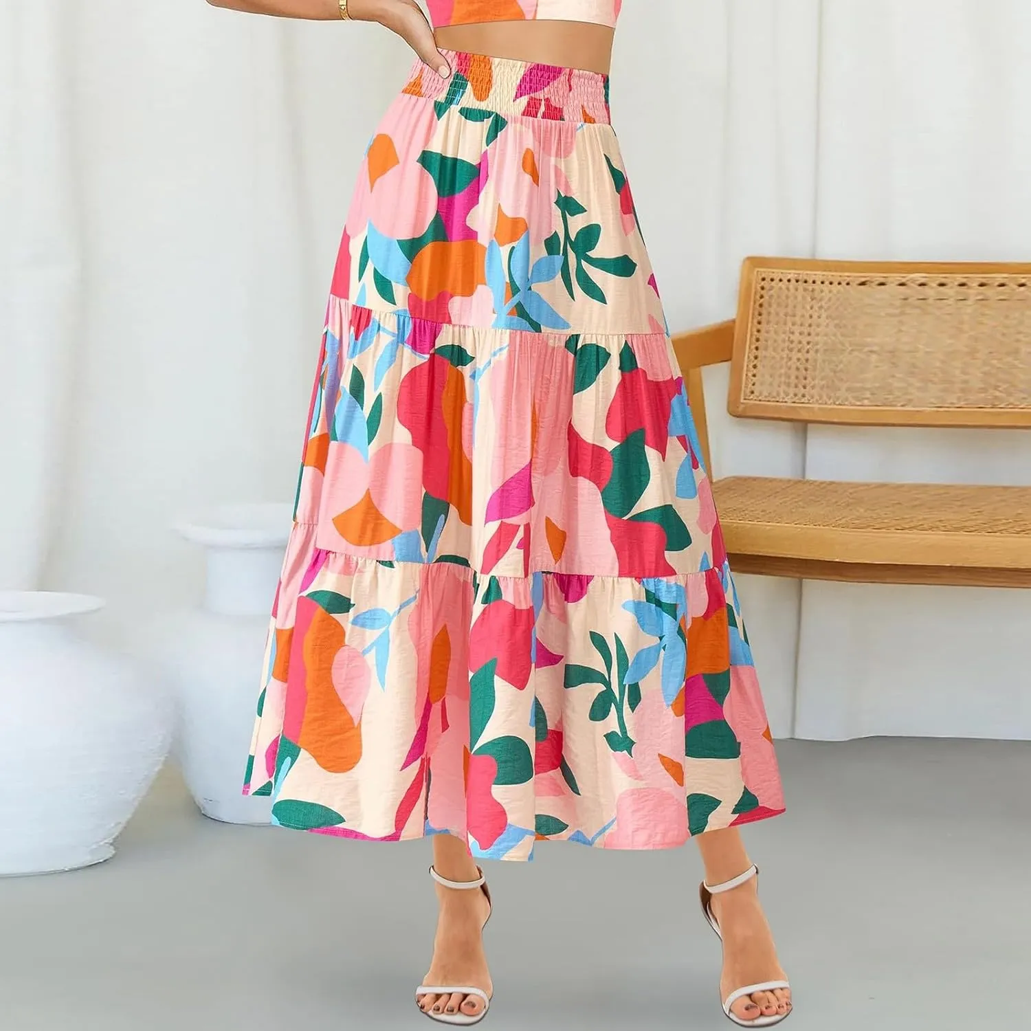 Summer Skirts for Women 2025 Loose Casual Trendy Elastic Waist Floral Print Boho Maxi Beach Skirt, S-2XL