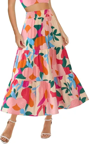 Summer Skirts for Women 2025 Loose Casual Trendy Elastic Waist Floral Print Boho Maxi Beach Skirt, S-2XL