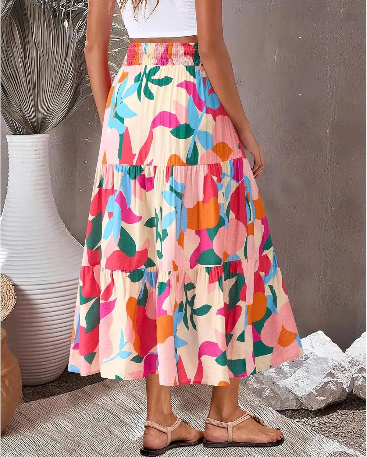 Summer Skirts for Women 2025 Loose Casual Trendy Elastic Waist Floral Print Boho Maxi Beach Skirt, S-2XL