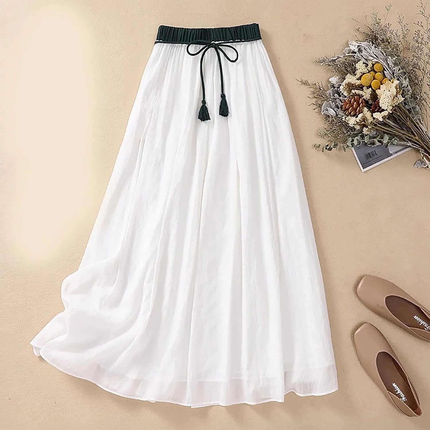 Summer Skirts for Women Drawstring Cinch Waisted Skirt Trending Cotton Linen Baggy Plus Size Skirts A Line Skirt