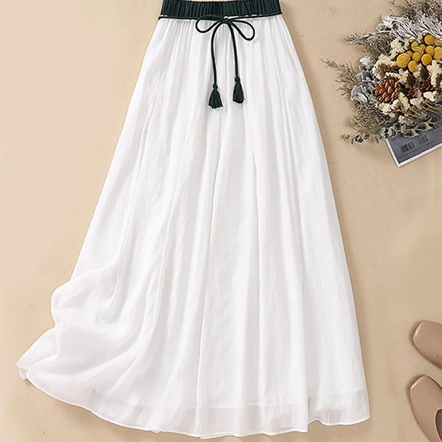 Summer Skirts for Women Drawstring Cinch Waisted Skirt Trending Cotton Linen Baggy Plus Size Skirts A Line Skirt