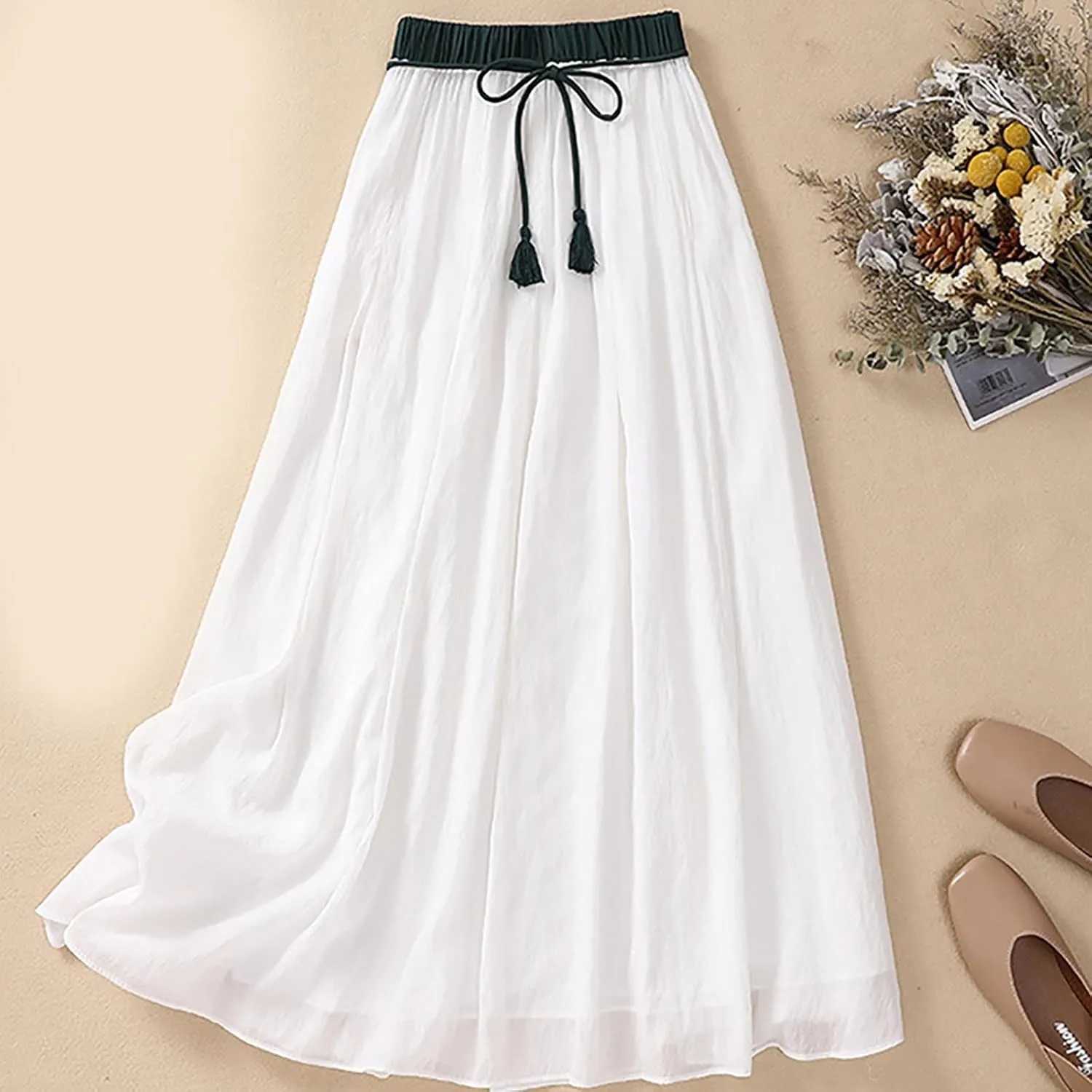 Summer Skirts for Women Drawstring Cinch Waisted Skirt Trending Cotton Linen Baggy Plus Size Skirts A Line Skirt