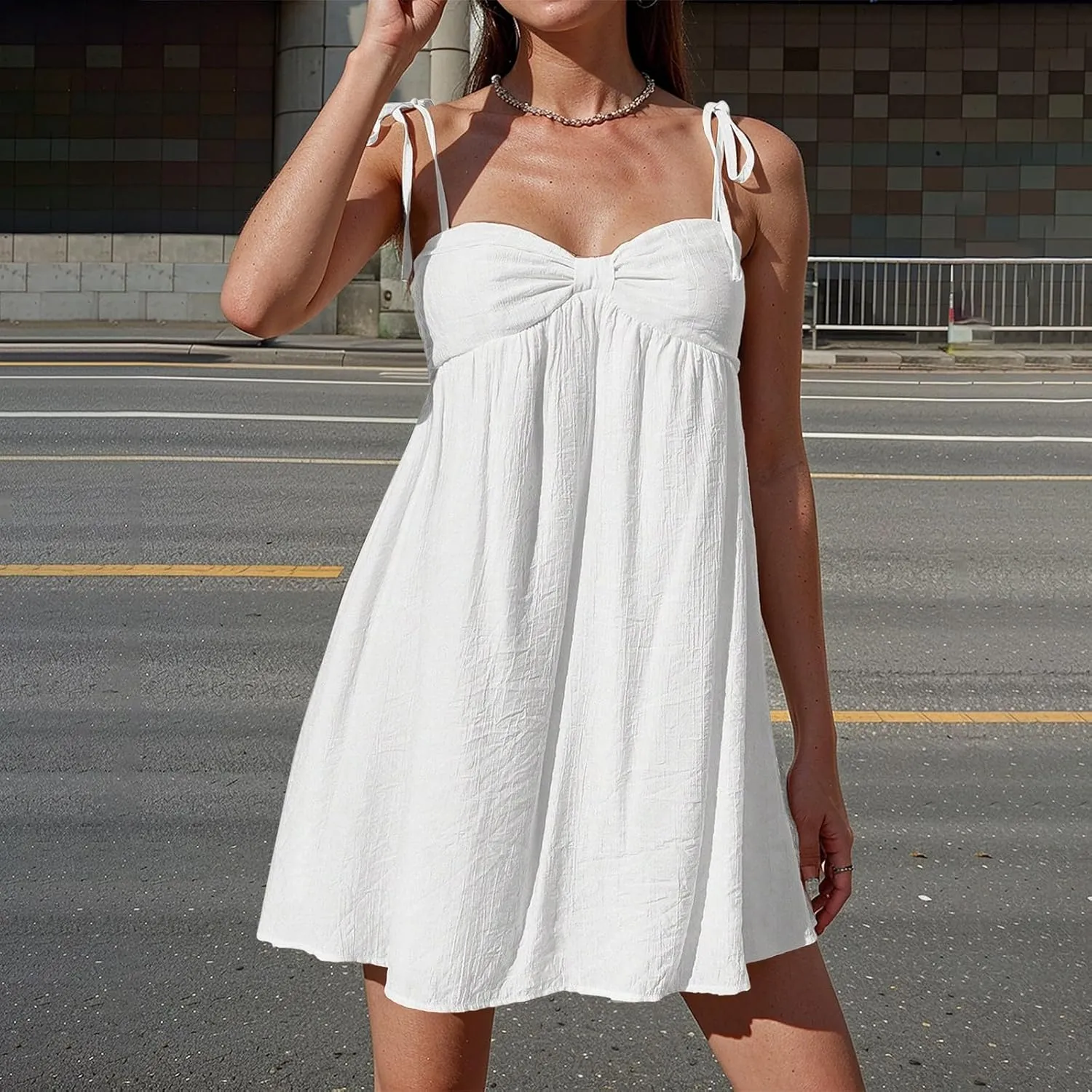 Sun Dresses for Women 2025 Mini Loose Spaghetti Strap Bow Babydoll Dress Casual Summer Vacation Flowy Beach Sundress