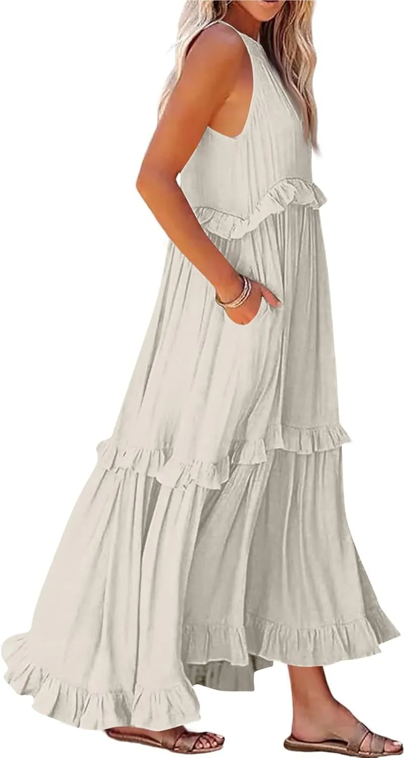 Sun Dresses for Women 2025 Vacation Halter Ruffle Tiered Flowy Maxi Dresses Beach Wedding Guest Dress with Pockets