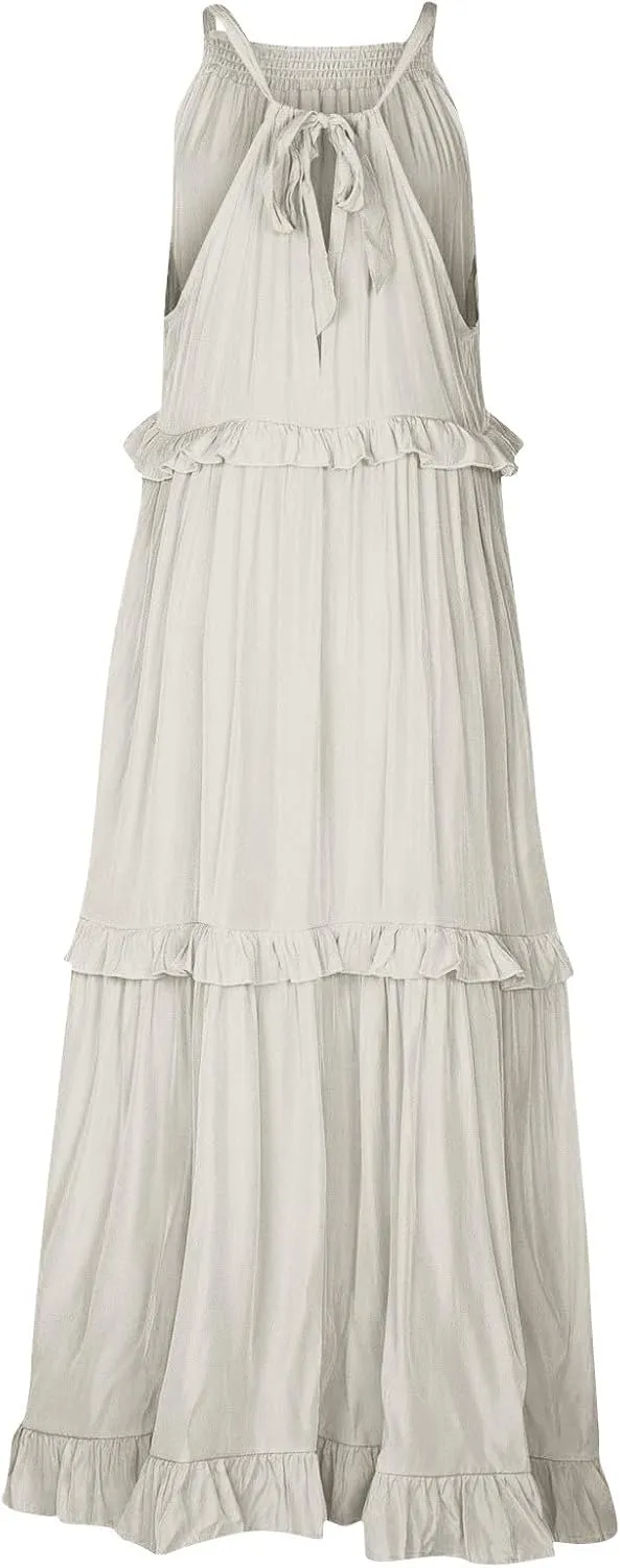 Sun Dresses for Women 2025 Vacation Halter Ruffle Tiered Flowy Maxi Dresses Beach Wedding Guest Dress with Pockets