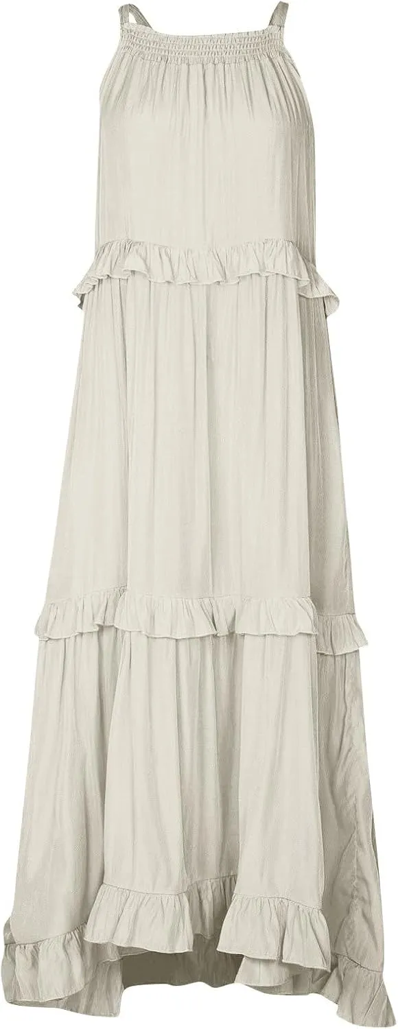 Sun Dresses for Women 2025 Vacation Halter Ruffle Tiered Flowy Maxi Dresses Beach Wedding Guest Dress with Pockets