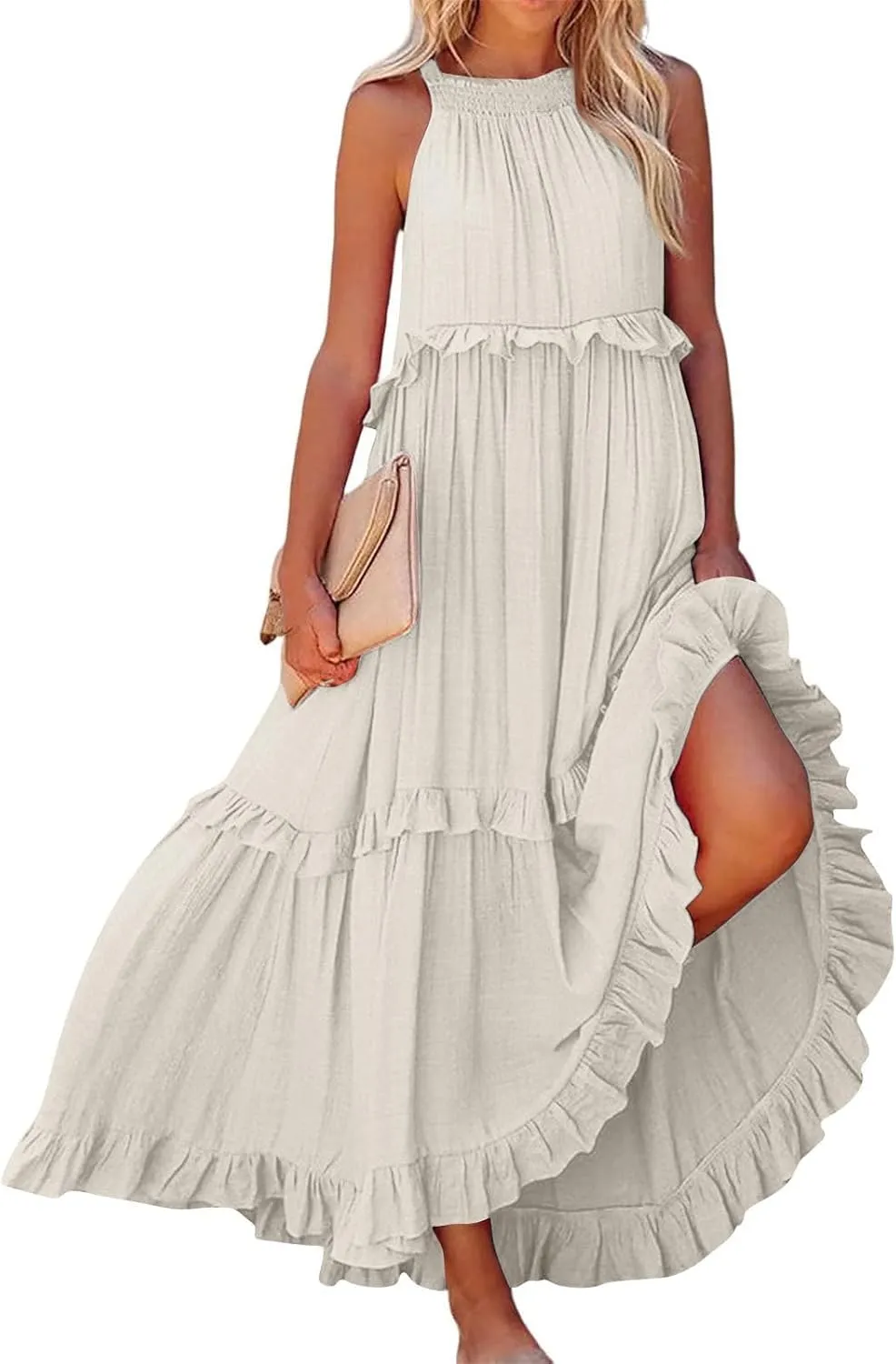 Sun Dresses for Women 2025 Vacation Halter Ruffle Tiered Flowy Maxi Dresses Beach Wedding Guest Dress with Pockets