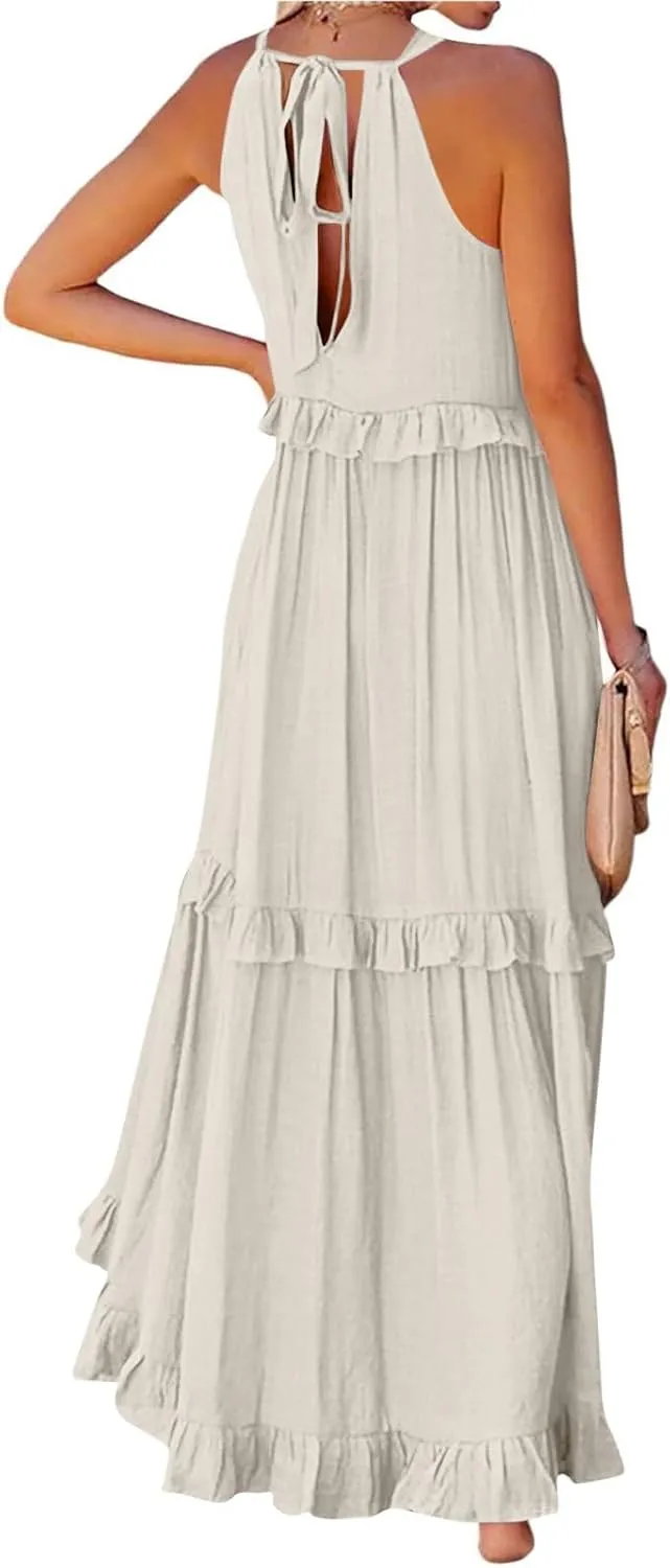 Sun Dresses for Women 2025 Vacation Halter Ruffle Tiered Flowy Maxi Dresses Beach Wedding Guest Dress with Pockets