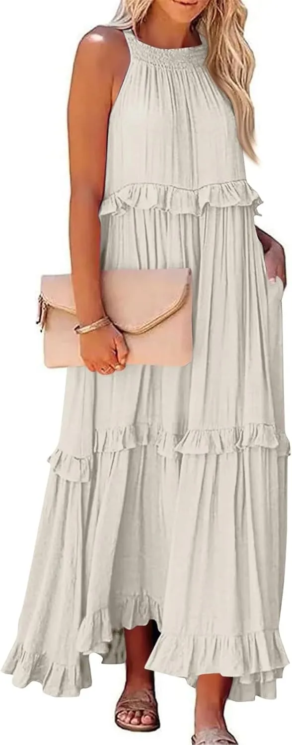 Sun Dresses for Women 2025 Vacation Halter Ruffle Tiered Flowy Maxi Dresses Beach Wedding Guest Dress with Pockets