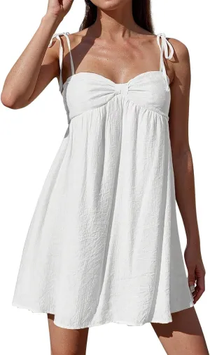 Sun Dresses for Women 2025 Vacation Loose Spaghetti Strap Mini Babydoll Dress Casual Summer A Line Beach Sundress