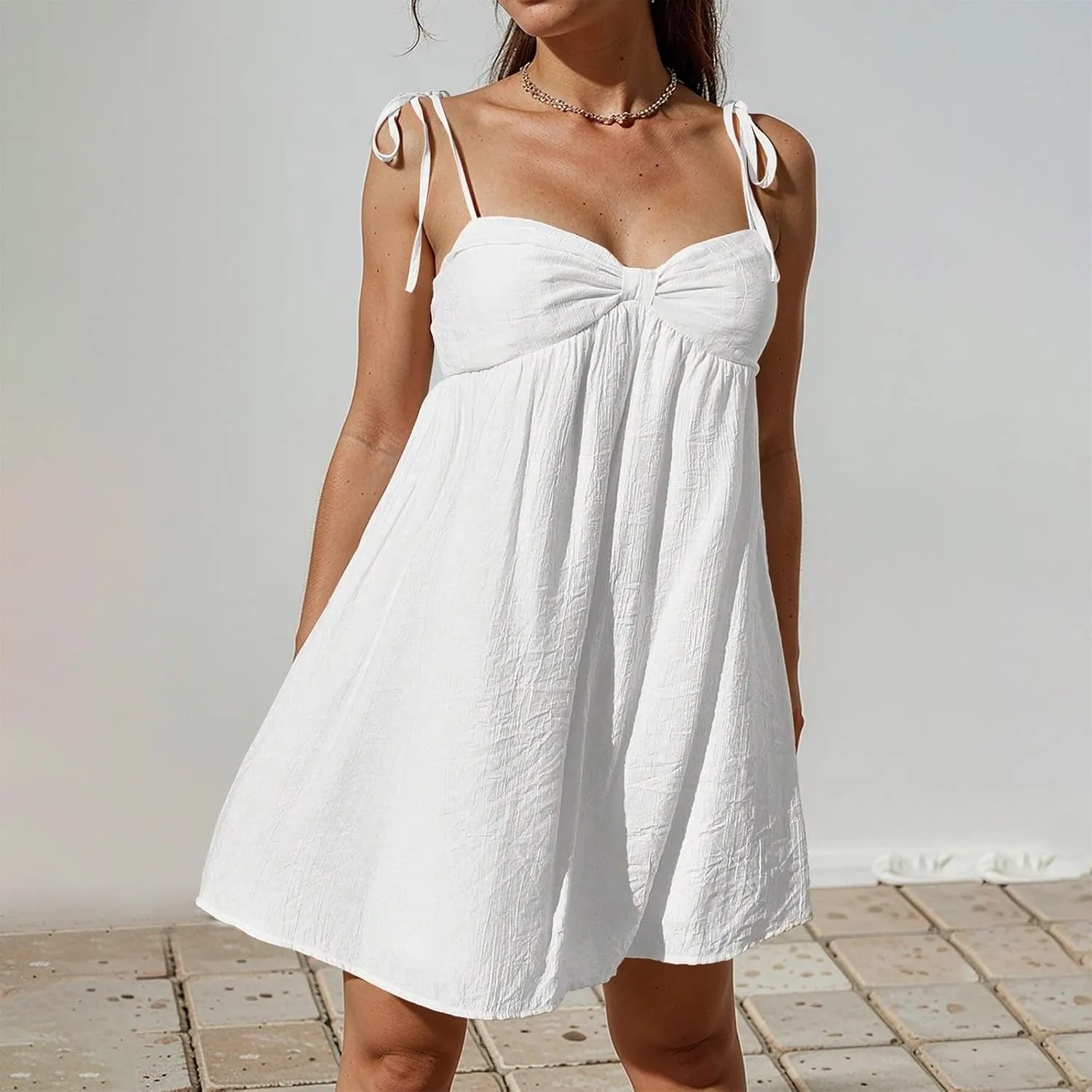 Sun Dresses for Women 2025 Vacation Loose Spaghetti Strap Mini Babydoll Dress Casual Summer A Line Beach Sundress