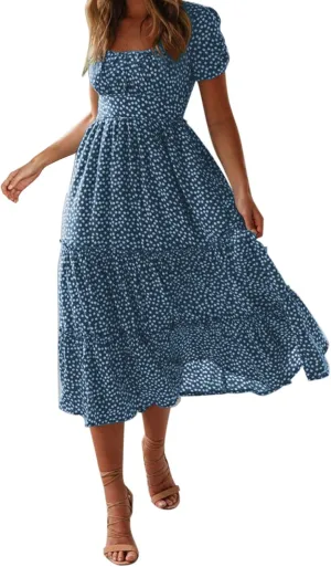 Sundress with Sleeves Square Neck A-Line Flowy Tiered Dresses Bump Friendly Dress Vacation Dresses for Women 2025