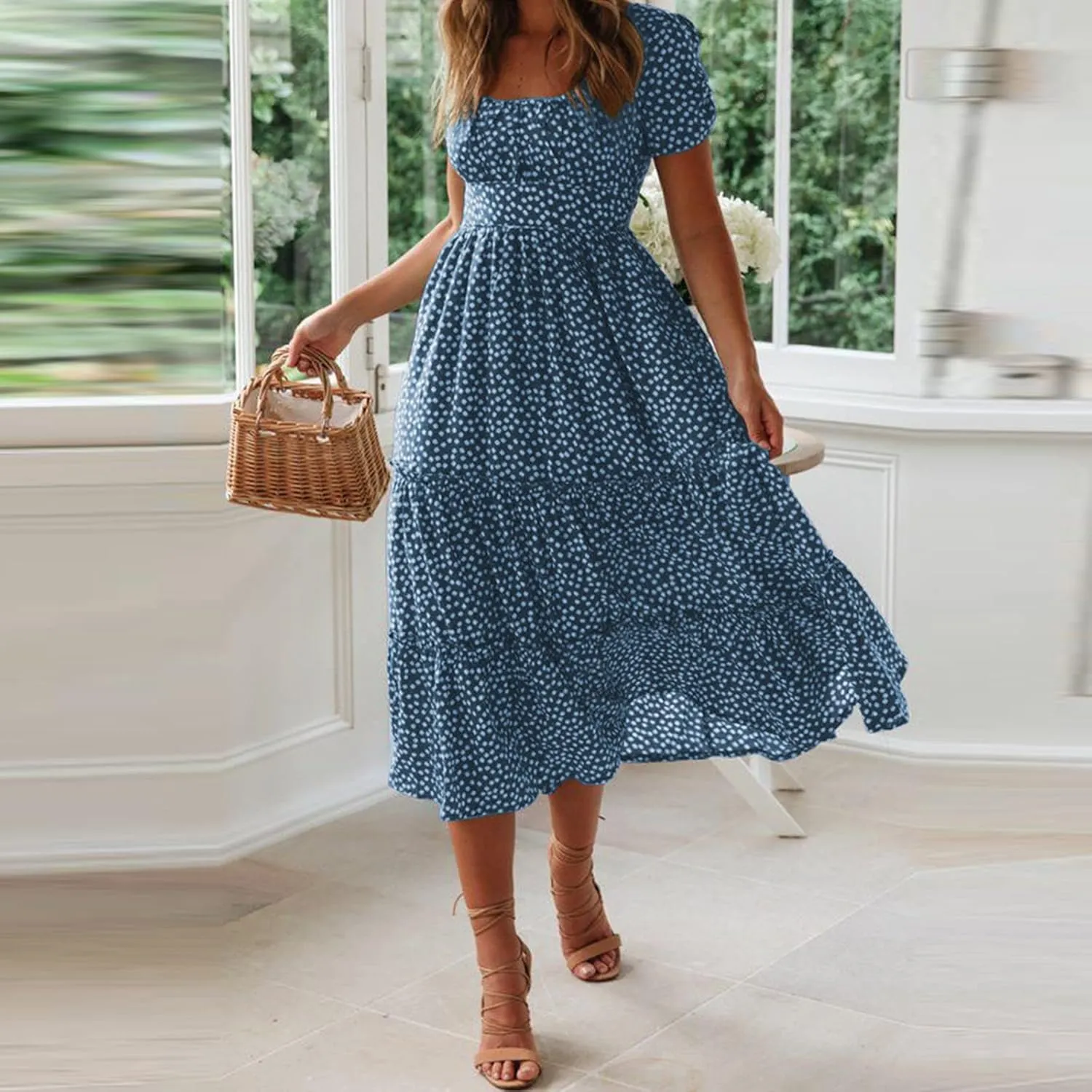 Sundress with Sleeves Square Neck A-Line Flowy Tiered Dresses Bump Friendly Dress Vacation Dresses for Women 2025