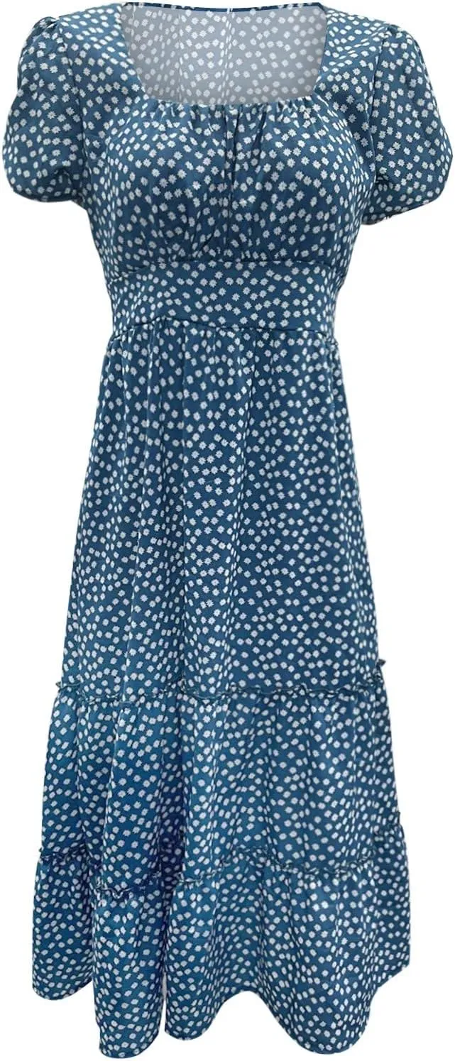 Sundress with Sleeves Square Neck A-Line Flowy Tiered Dresses Bump Friendly Dress Vacation Dresses for Women 2025