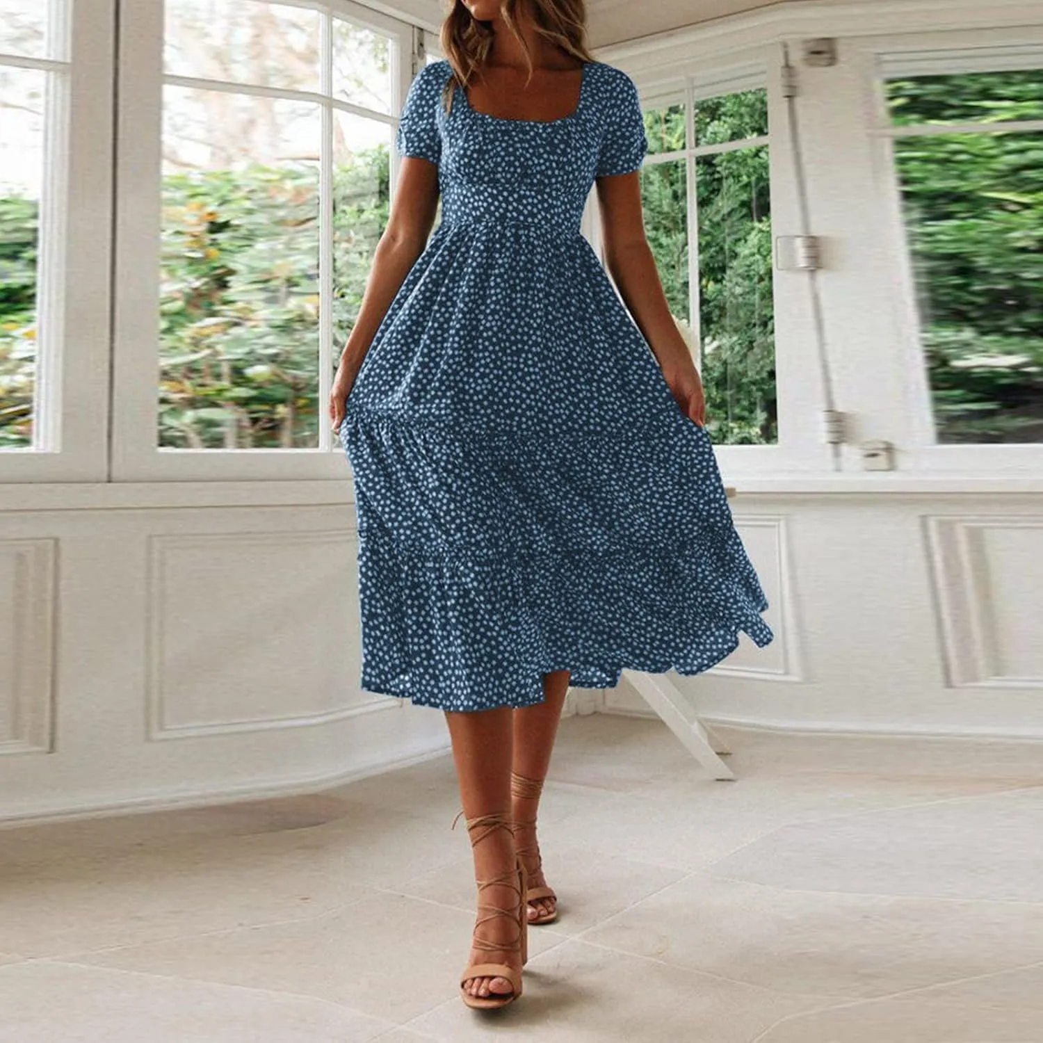 Sundress with Sleeves Square Neck A-Line Flowy Tiered Dresses Bump Friendly Dress Vacation Dresses for Women 2025