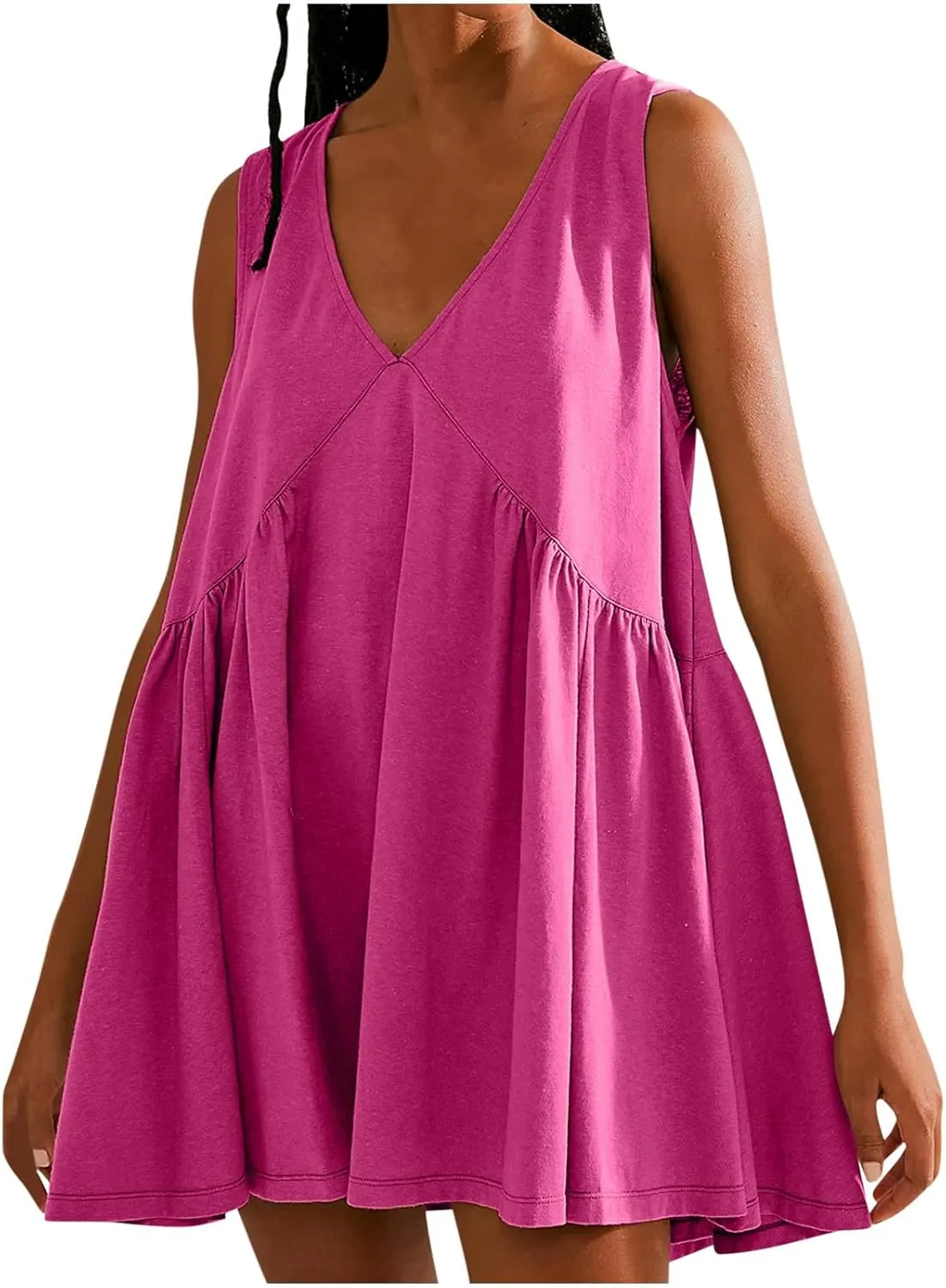 Sundresses for Women 2024 Solid Sleeveless Ruffle Mini Dresses Summer Casual Loose V Neck Solid Dress Going Out Beach
