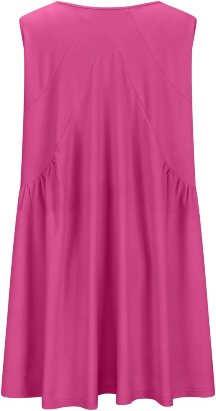 Sundresses for Women 2024 Solid Sleeveless Ruffle Mini Dresses Summer Casual Loose V Neck Solid Dress Going Out Beach