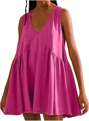 Sundresses for Women 2024 Solid Sleeveless Ruffle Mini Dresses Summer Casual Loose V Neck Solid Dress Going Out Beach