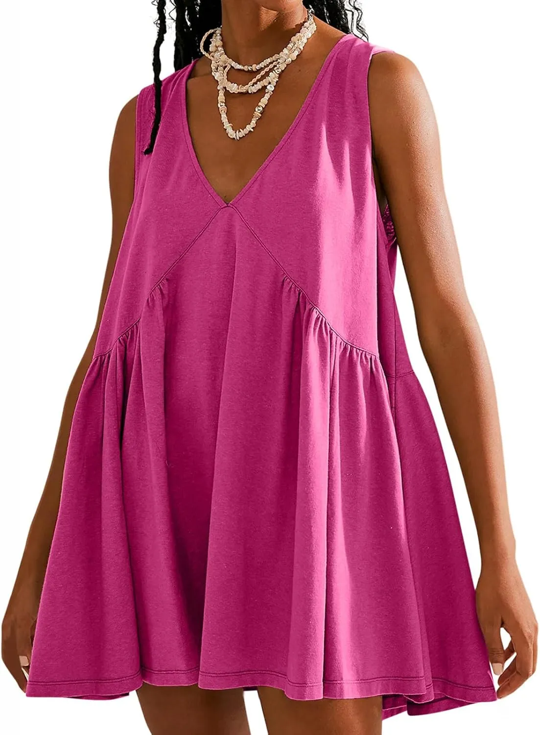 Sundresses for Women 2024 Solid Sleeveless Ruffle Mini Dresses Summer Casual Loose V Neck Solid Dress Going Out Beach
