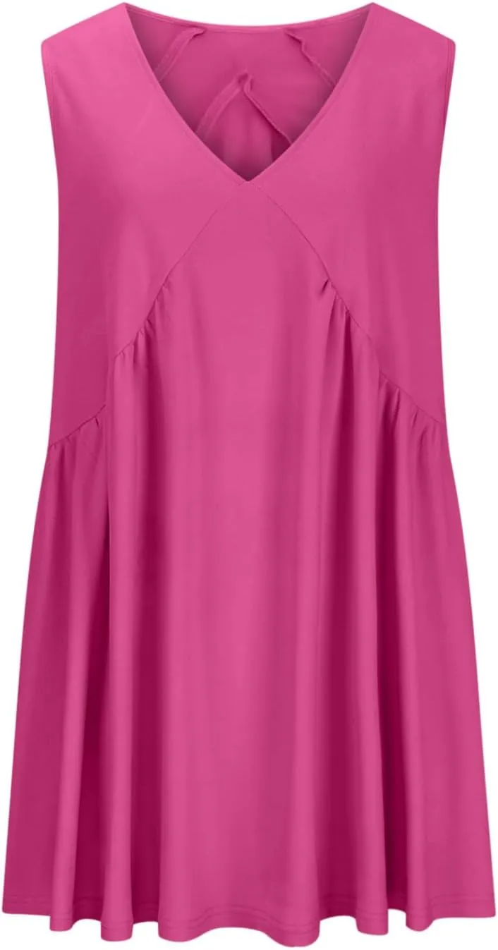 Sundresses for Women 2024 Solid Sleeveless Ruffle Mini Dresses Summer Casual Loose V Neck Solid Dress Going Out Beach