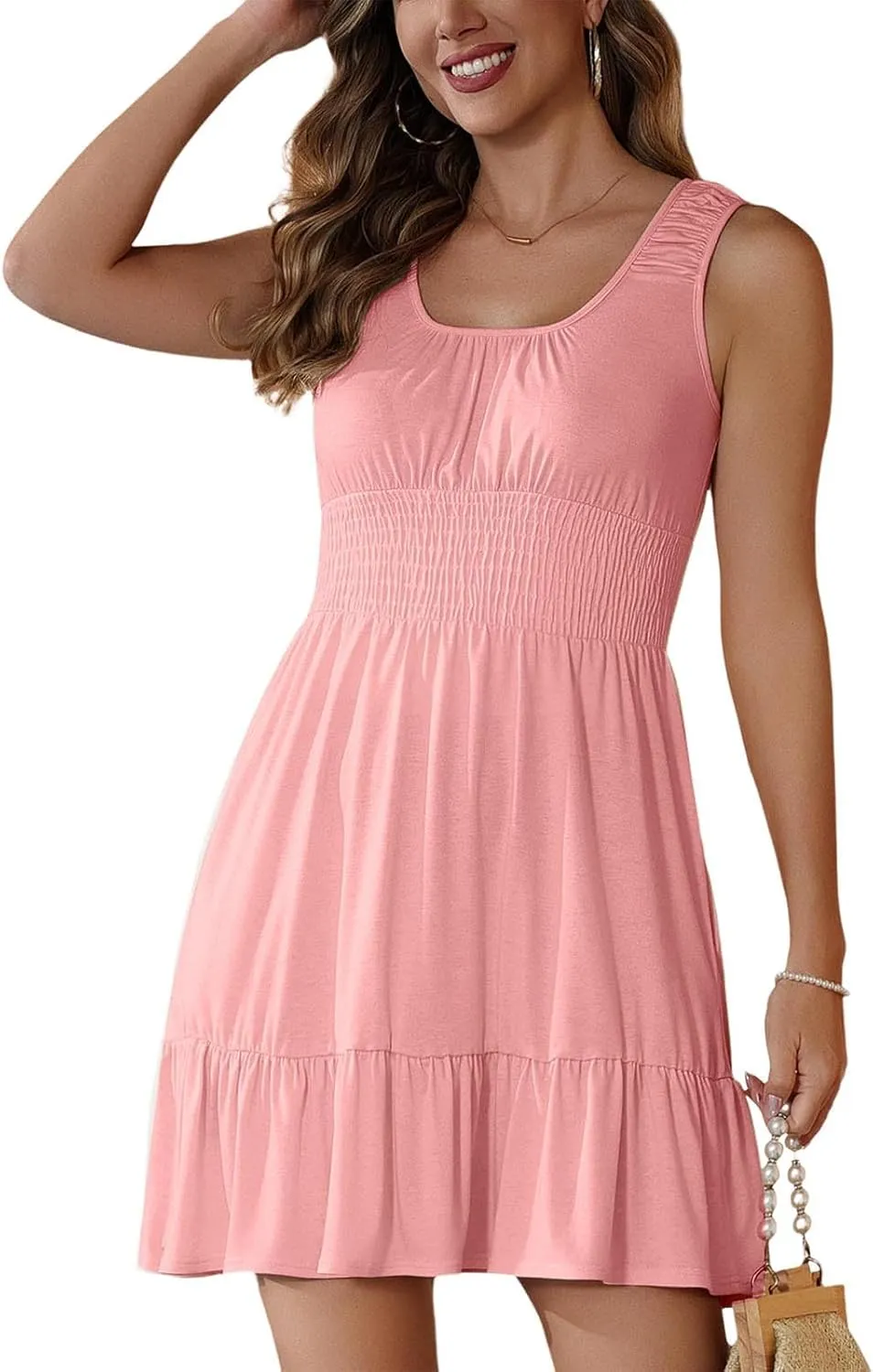 Sundresses for Women 2025 Casual Loose Vacation Dresses Sleeveless Print Dresses Elastic Waist Mini Sundress