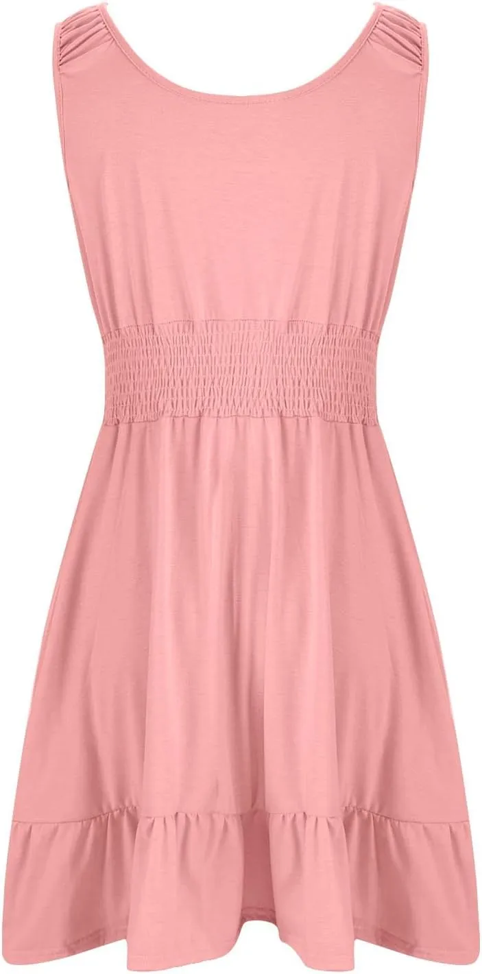 Sundresses for Women 2025 Casual Loose Vacation Dresses Sleeveless Print Dresses Elastic Waist Mini Sundress